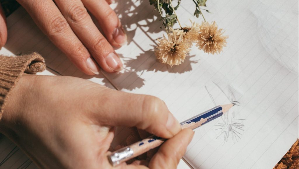 artist sketching flowers with a pencil